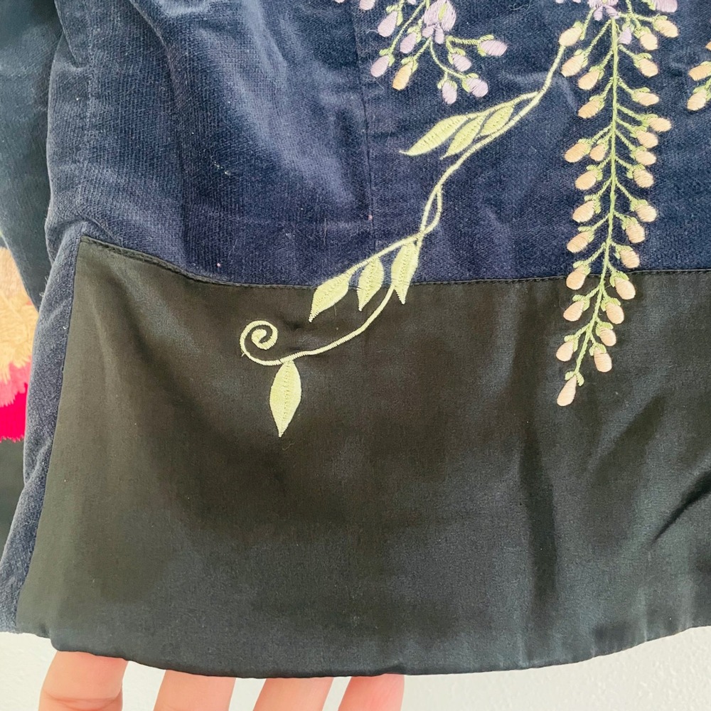 FEI Anthropologie Navy Velvet Embroidered Floral Jacket Mandarin Collar Womens 2 - Picture 12 of 14